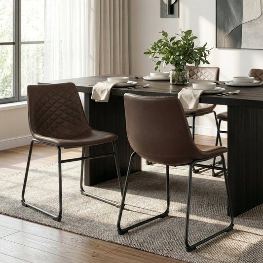 Set of 2 Ave Iron Frame Brown Faux Leather Dining Chair with Stitching