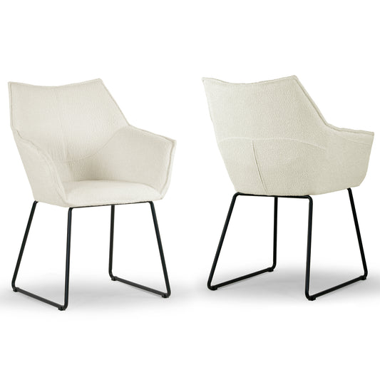 Set of 2 Amna Cream Boucle Arm Chair with Black Metal Legs