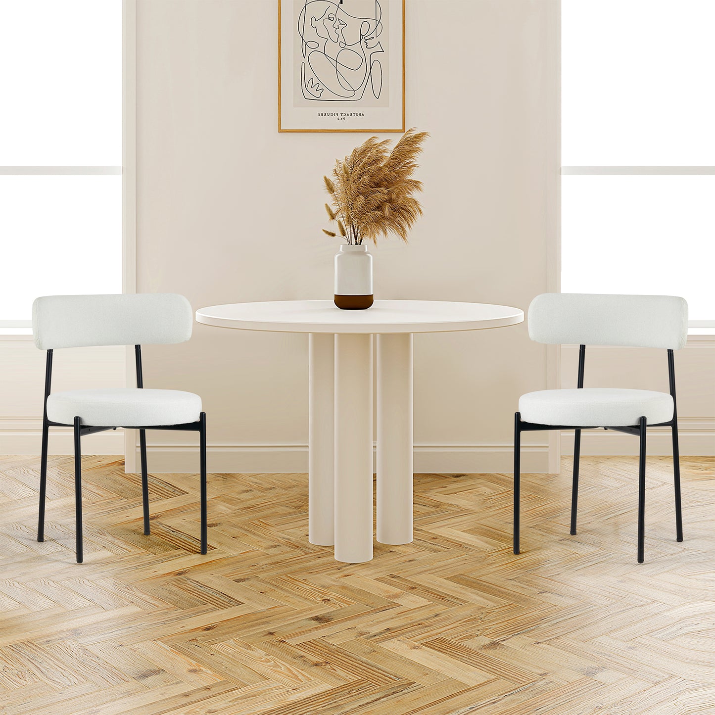 Set of 2 Avrom White Boucle Dining Chair with Black Metal Legs