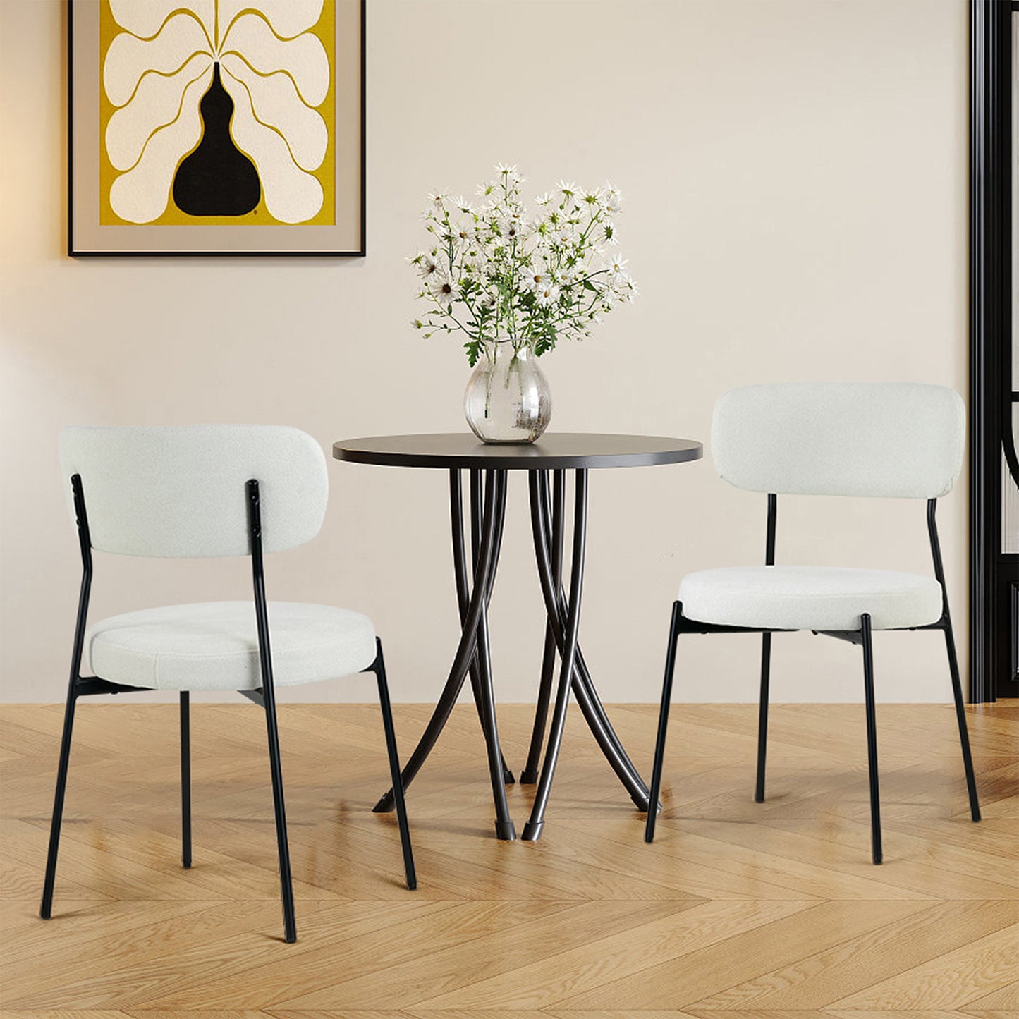 Set of 2 Aya White Chenille Dining Chair with Black Steel Legs