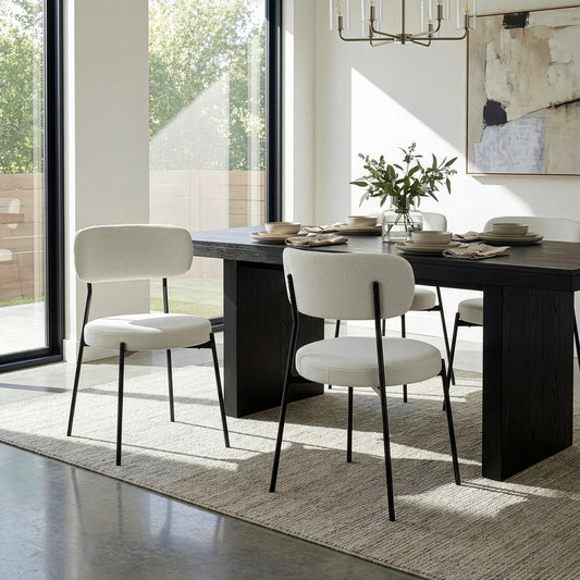 Set of 2 Aya White Chenille Dining Chair with Black Steel Legs