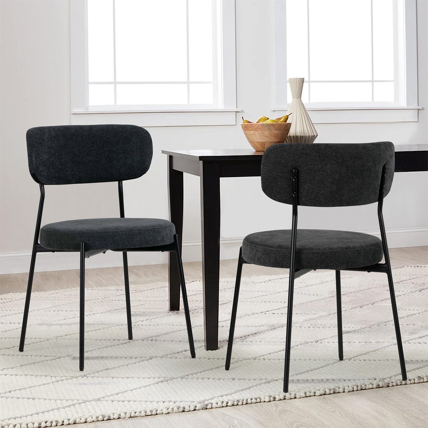 Set of 2 Aya Black Chenille Dining Chair with Black Steel Legs