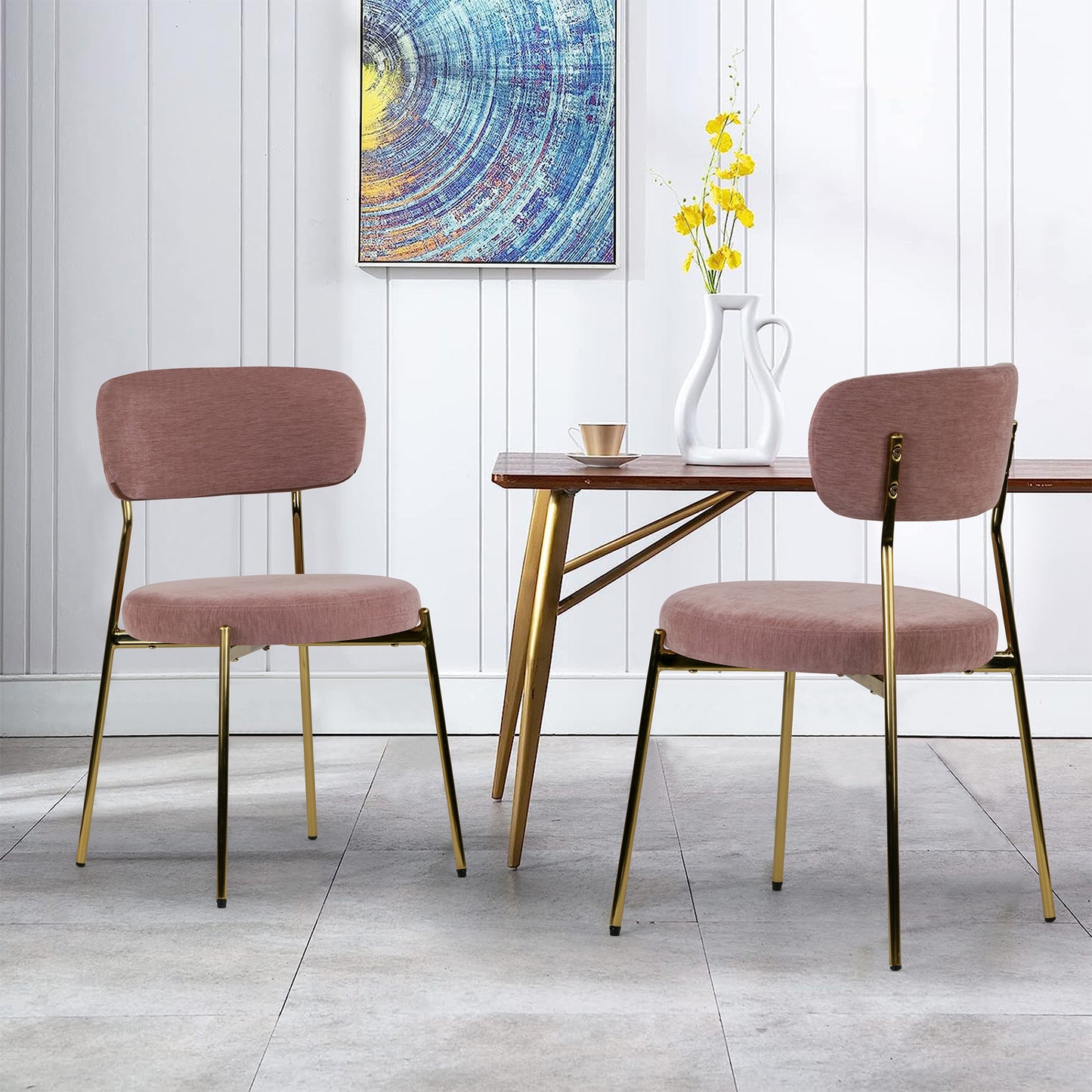 Set of 2 Aya Rust Pink Chenille Dining Chair with Gold Steel Legs
