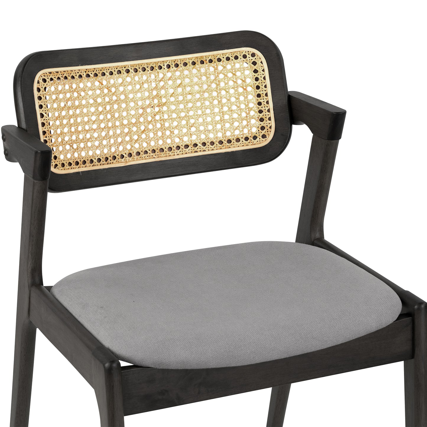 Set of 2 Azula Gray Fabric Dining Chair with Rattan Back and Black Wood Legs