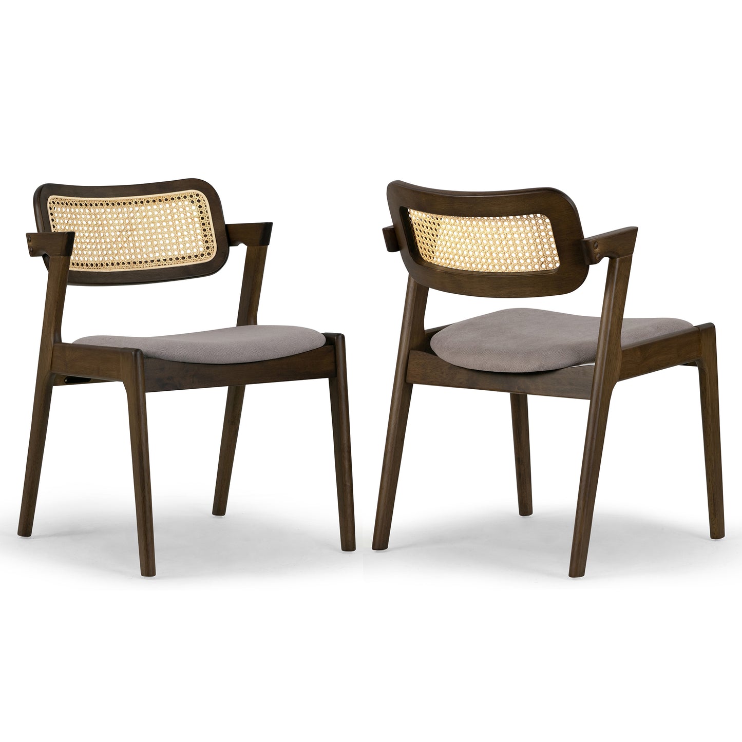 Set of 2 Azula Gray Fabric Dining Chair with Rattan Back and Walnut Wood Legs