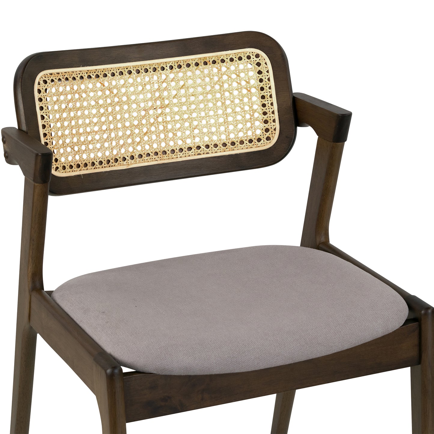 Set of 2 Azula Gray Fabric Dining Chair with Rattan Back and Walnut Wood Legs