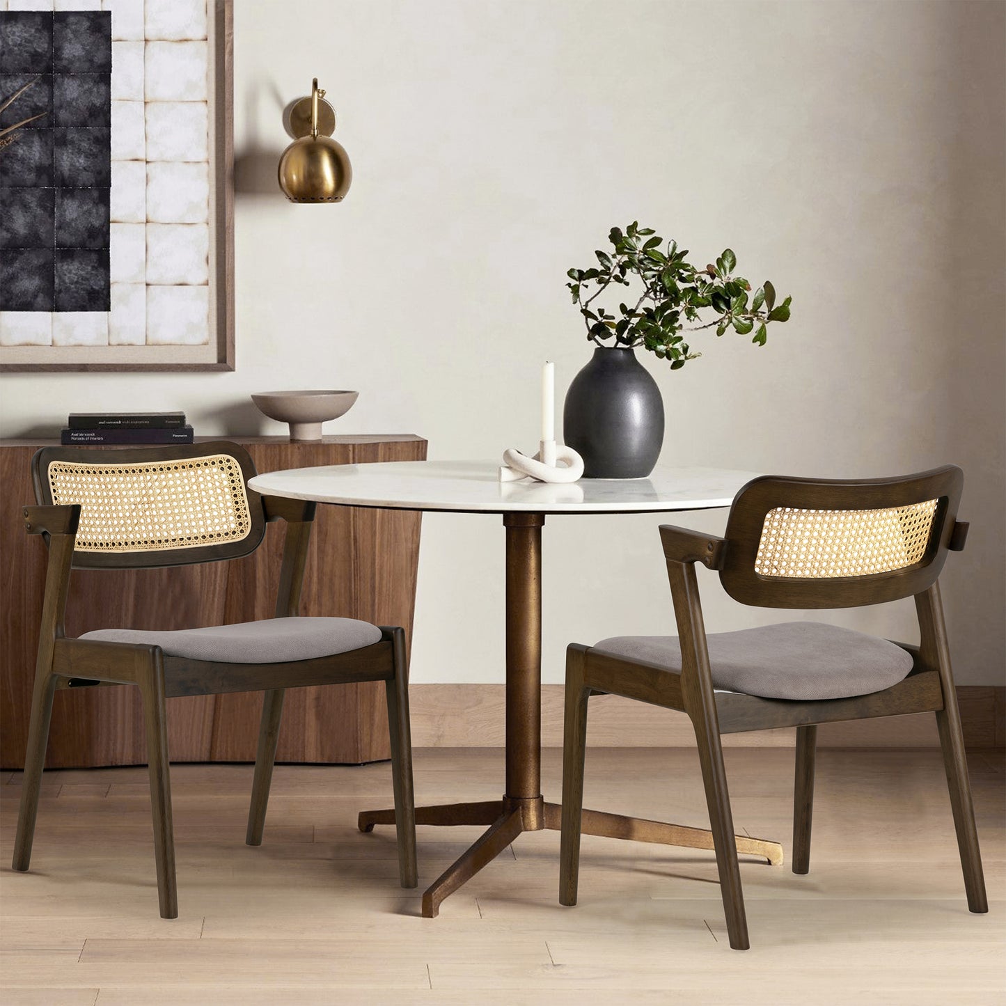 Set of 2 Azula Gray Fabric Dining Chair with Rattan Back and Walnut Wood Legs