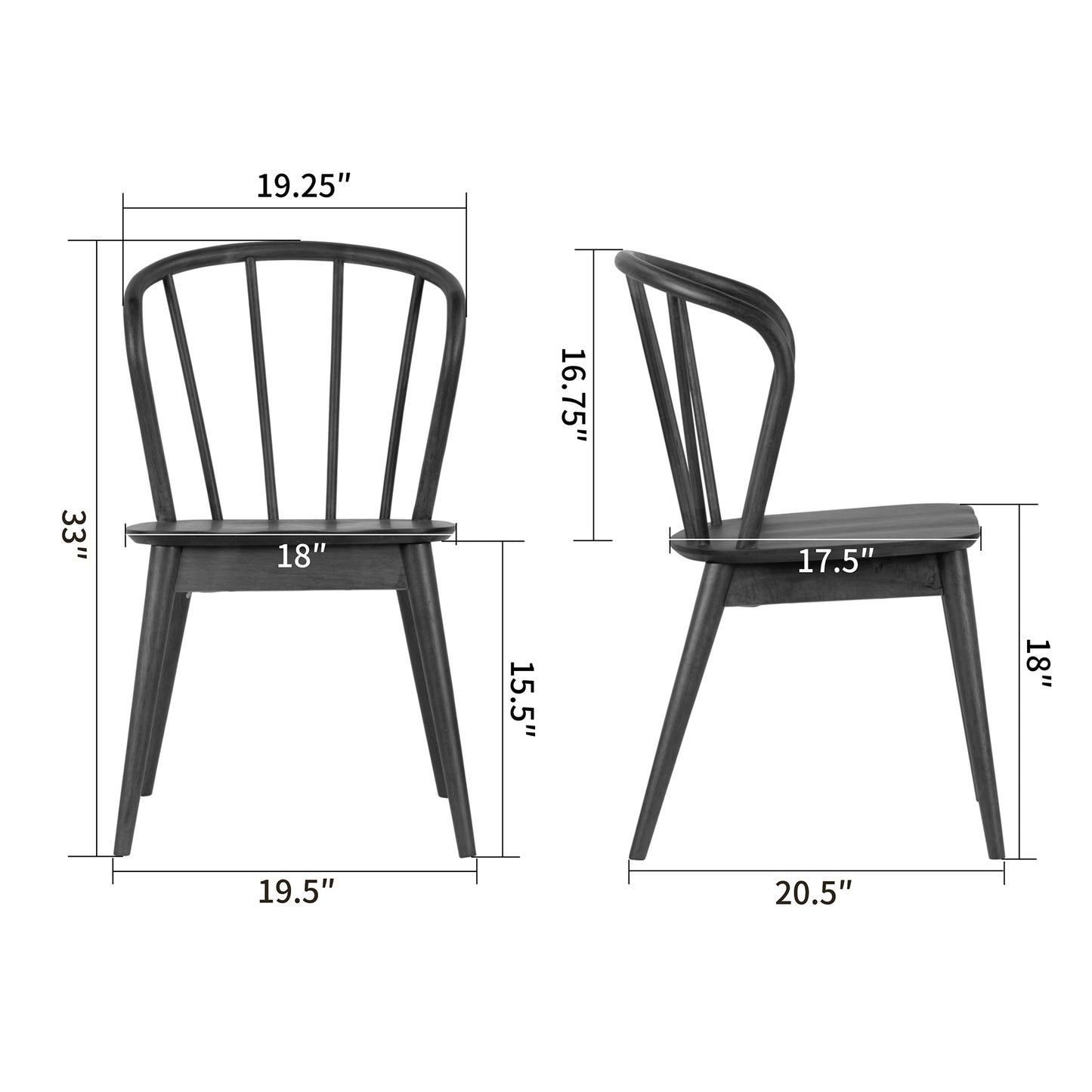 Set of 2 Azure Black Rubberwood Dining Chair with Windsor Back