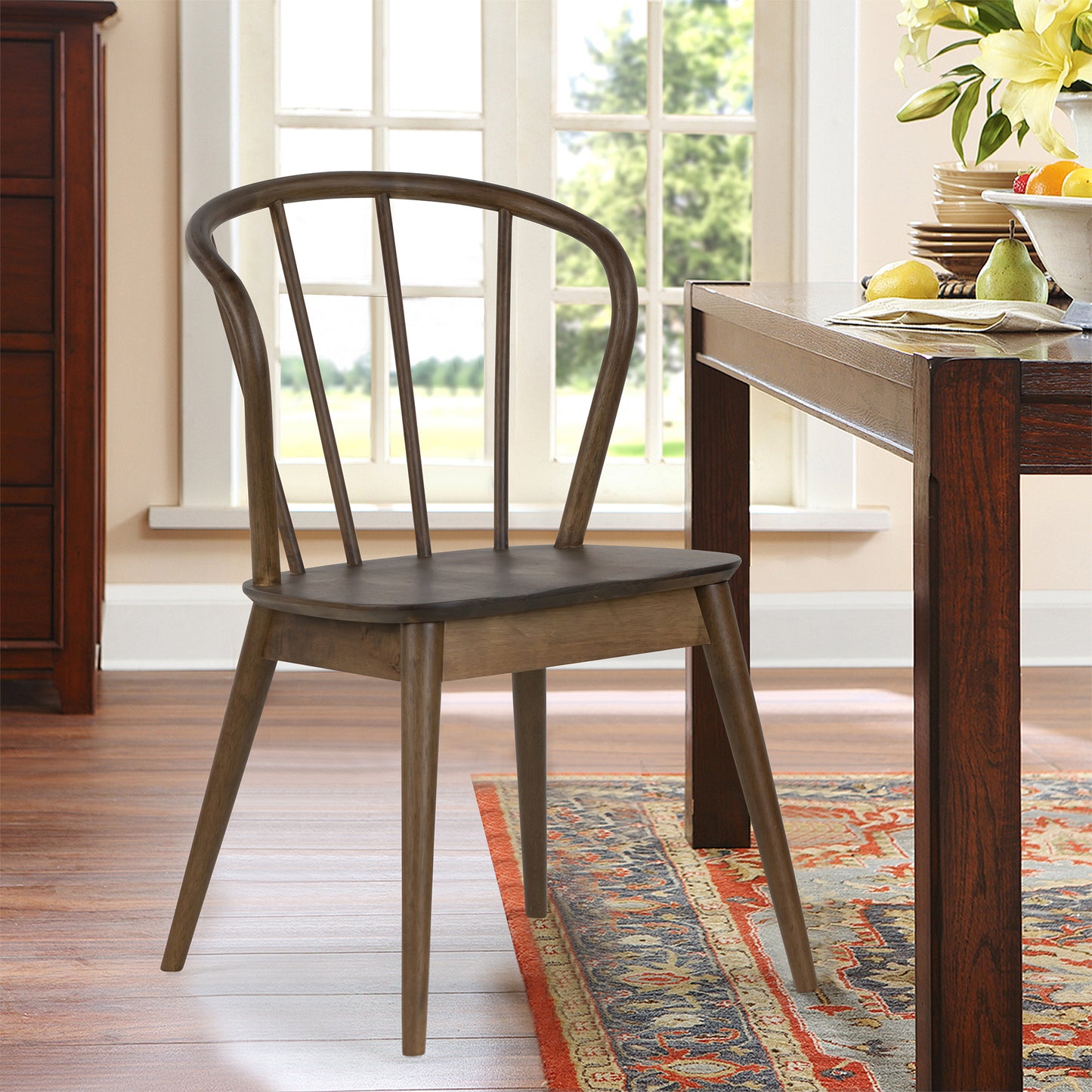 Set of 2 Azure Walnut Rubberwood Dining Chair with Windsor Back