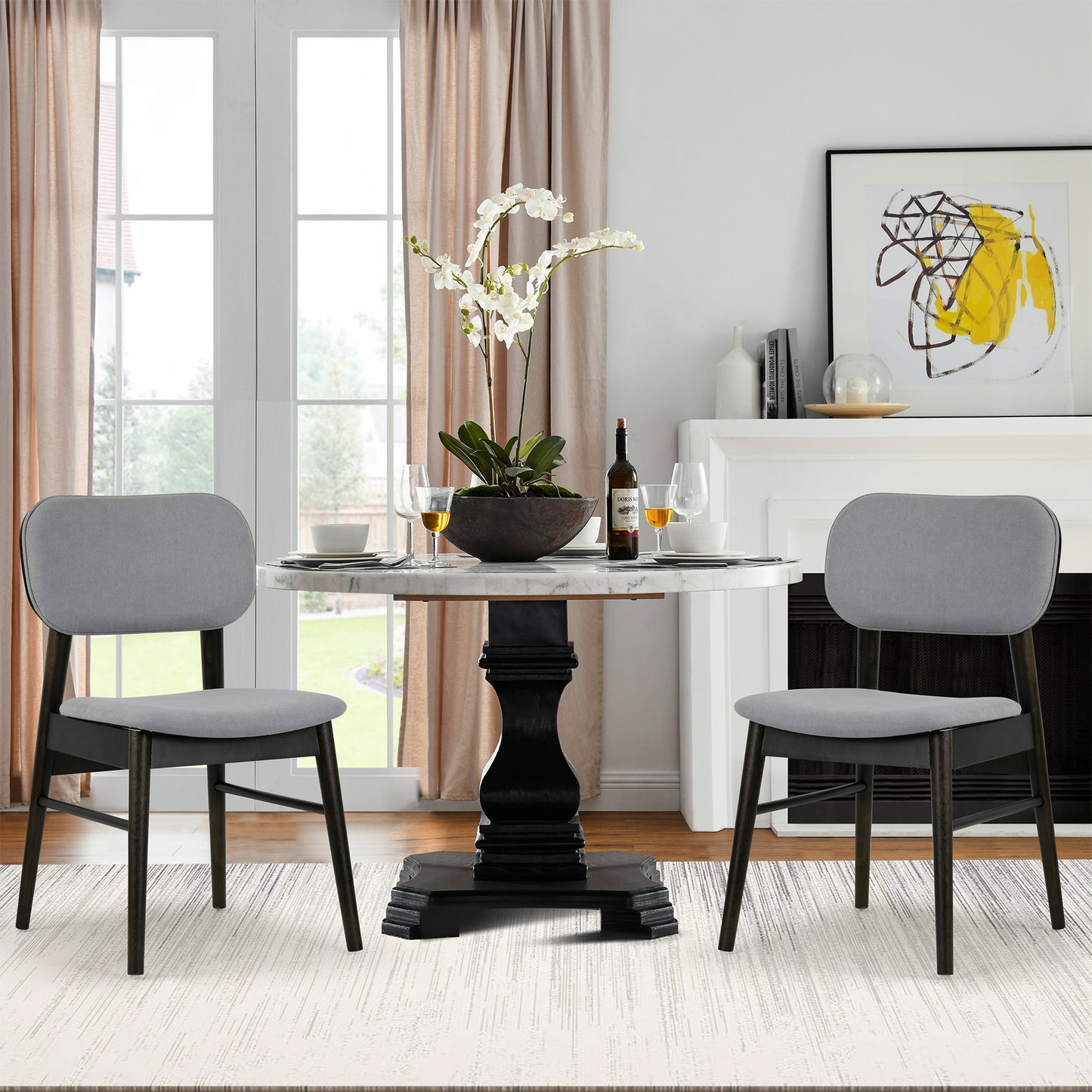 Set of 2 Babette Gray Fabric Dining Chair with Black Wood Legs