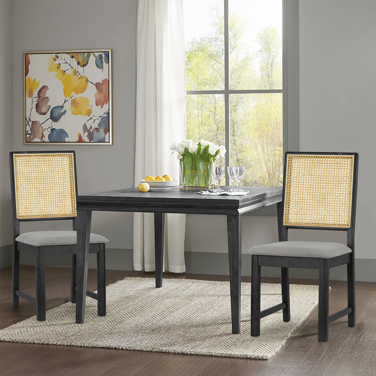 Set of 2 Baines Gray Fabric Dining Chair with High Rattan Back and Black Wood Legs