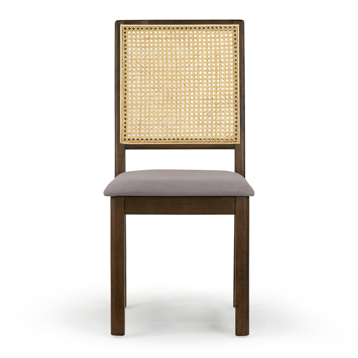 Set of 2 Baines Gray Fabric Dining Chair with High Rattan Back and Walnut Wood Legs