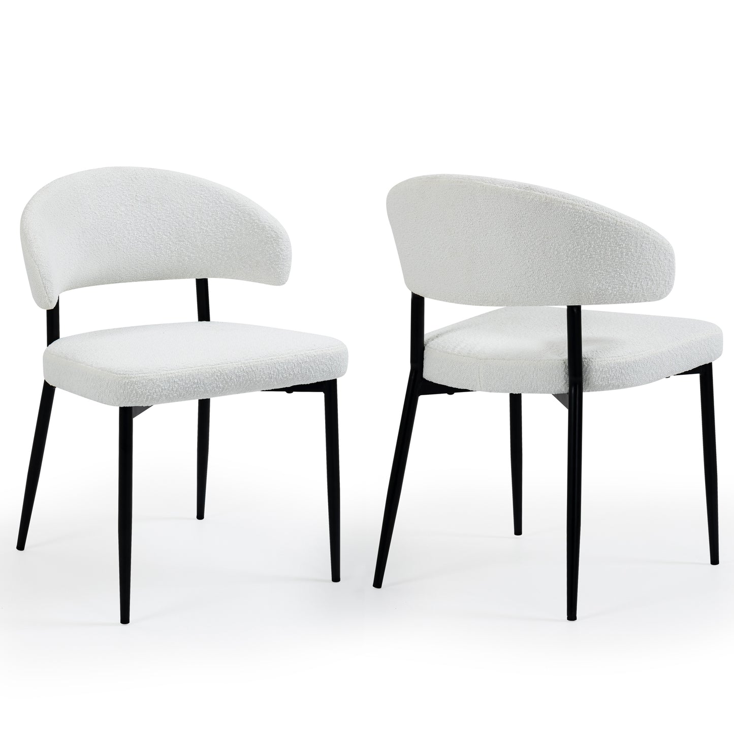 Set of 2 Ayoka White Boucle Dining Chairs with Black Iron Legs