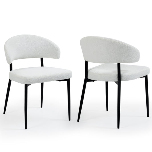 Set of 2 Ayoka White Boucle Dining Chairs with Black Iron Legs