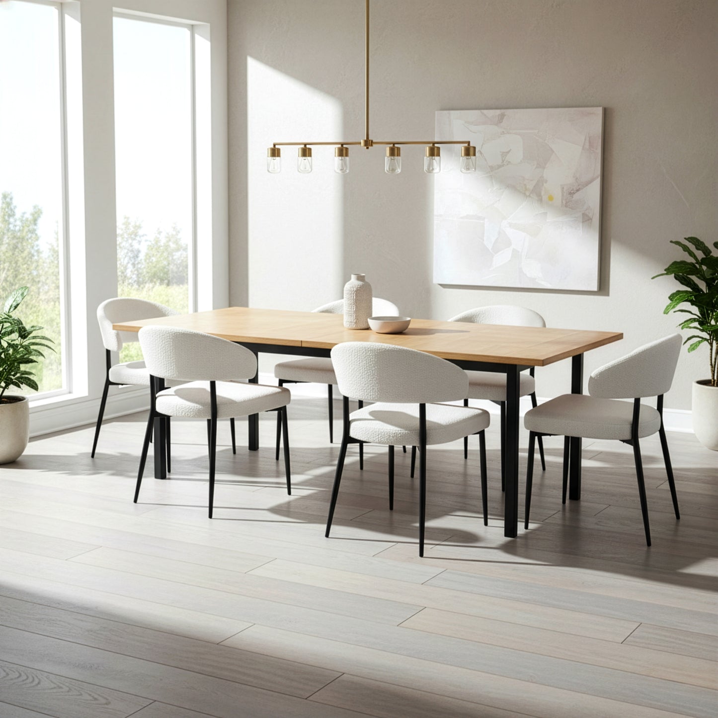 Set of 2 Ayoka White Boucle Dining Chairs with Black Iron Legs