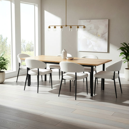 Set of 2 Ayoka White Boucle Dining Chairs with Black Iron Legs