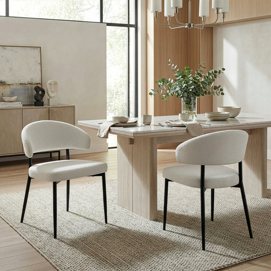 Set of 2 Ayoka White Boucle Dining Chairs with Black Iron Legs