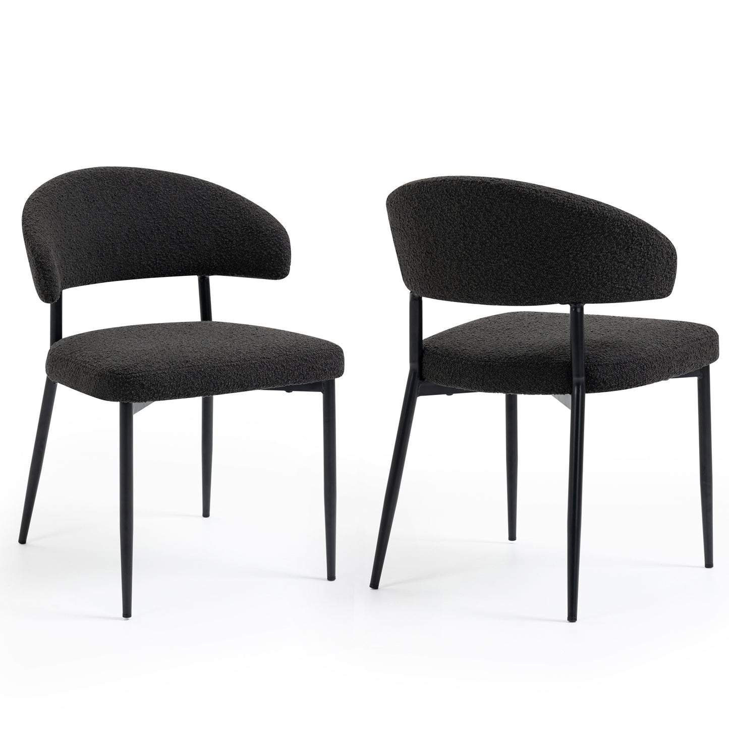 Set of 2 Ayoka Black Boucle Dining Chairs with Black Iron Legs
