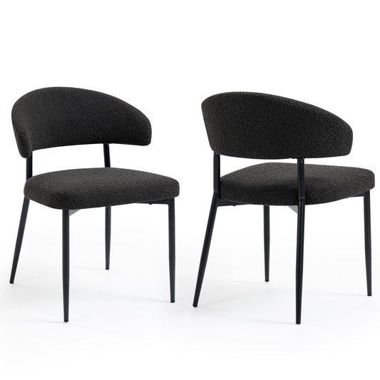 Set of 2 Ayoka Black Boucle Dining Chairs with Black Iron Legs