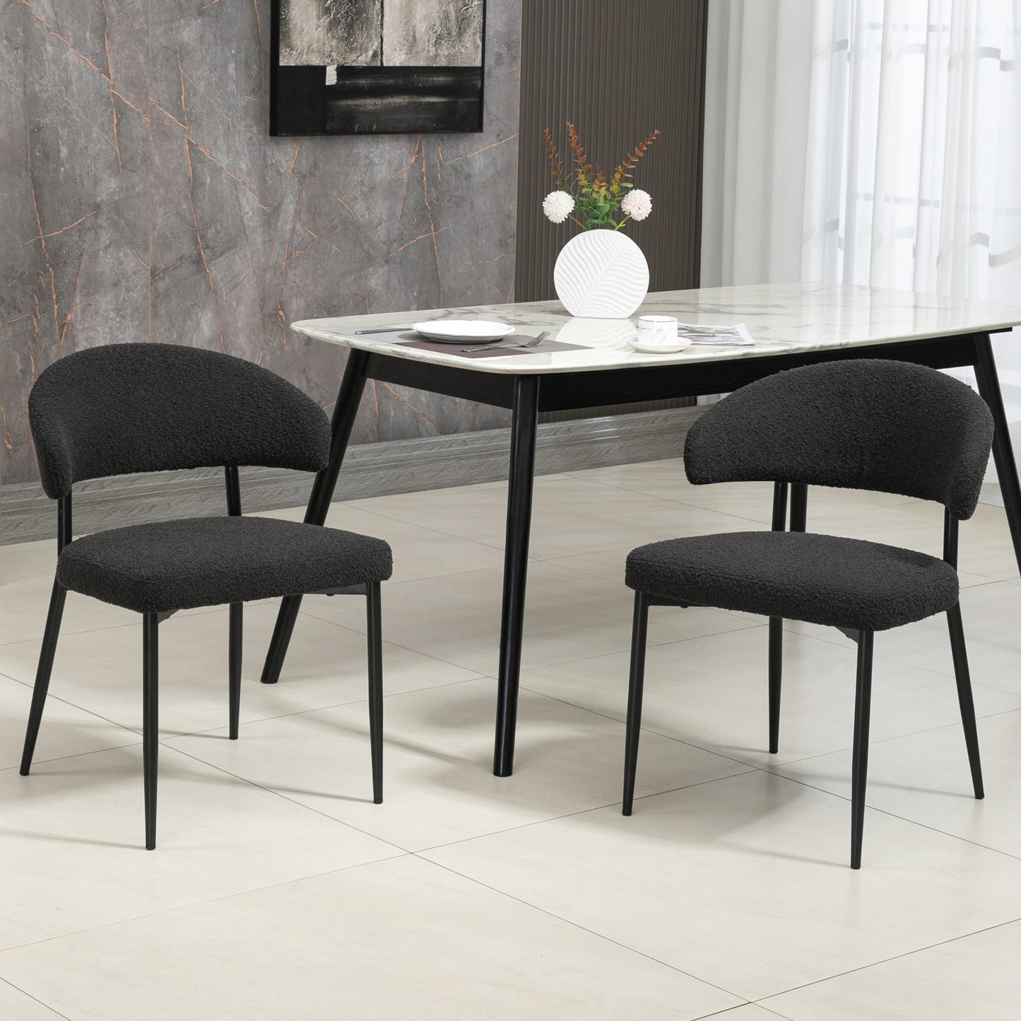 Set of 2 Ayoka Black Boucle Dining Chairs with Black Iron Legs