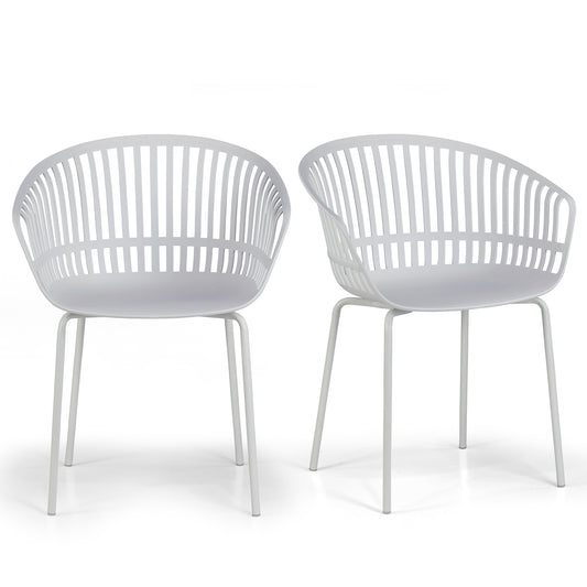 Set of 2 Barras White Plastic Dining Chair with Slatted Back and Iron Legs