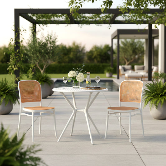 Set of 2 Balto White Plastic Dining Chair with Rattan Detail