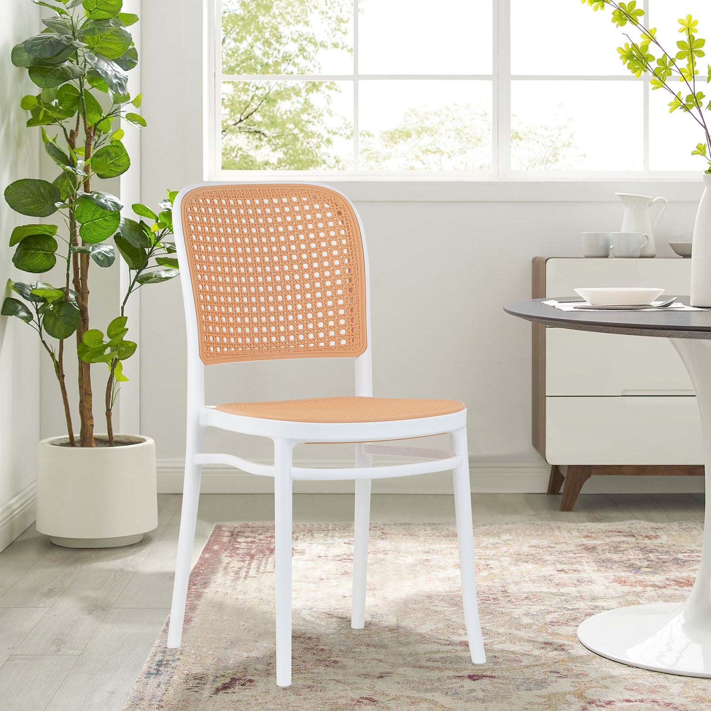 Set of 2 Balto White Plastic Dining Chair with Rattan Detail