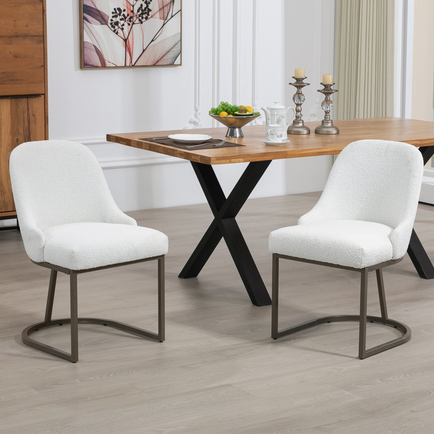 Set of 2 Ayane White Boucle Fabric Dining Chair with Iron Legs