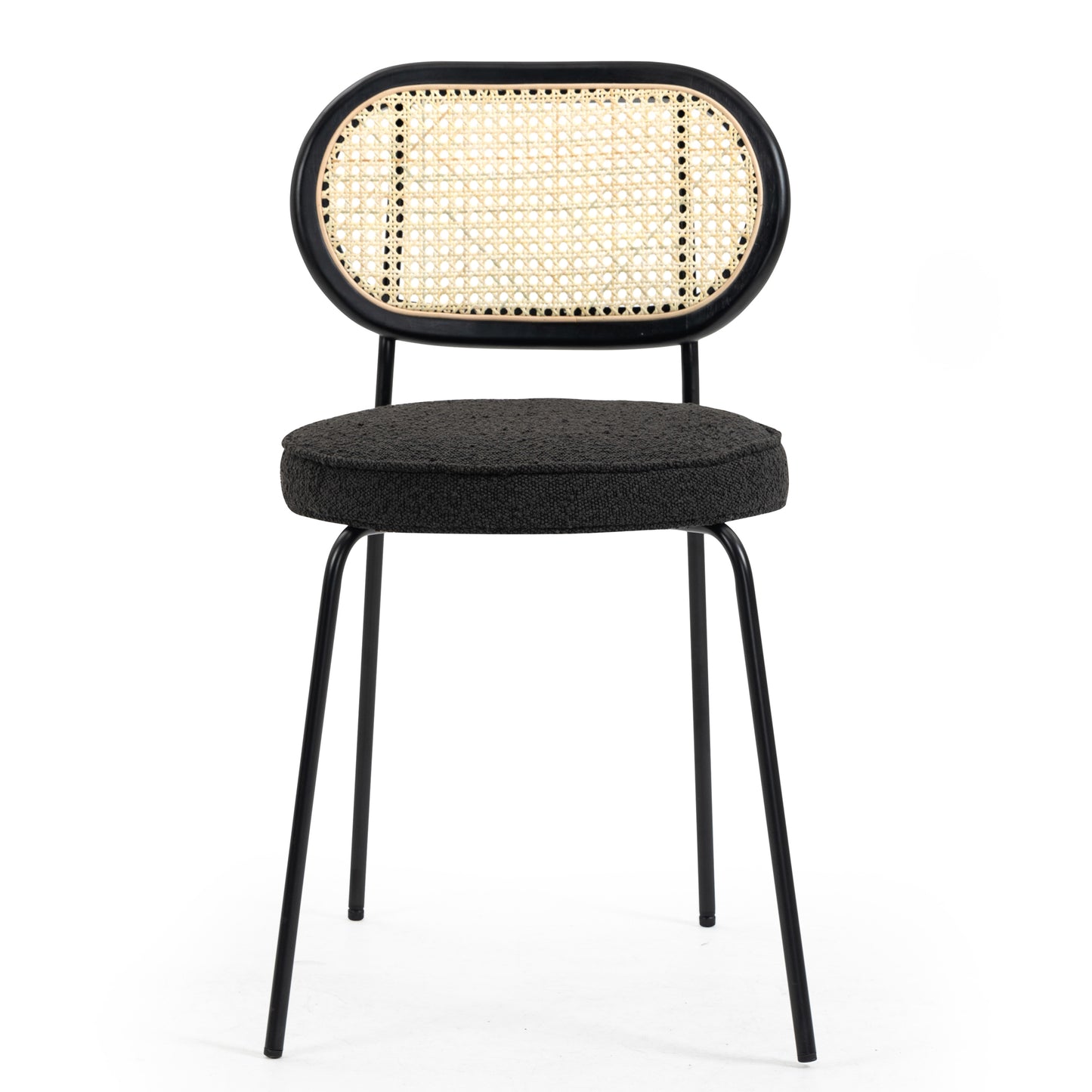 Set of 2 Azem Black Boucle Fabric Dining Chair with Rattan Backrest and Black Chrome Legs