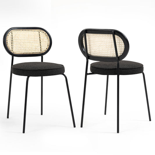 Set of 2 Azem Black Boucle Fabric Dining Chair with Rattan Backrest and Black Chrome Legs