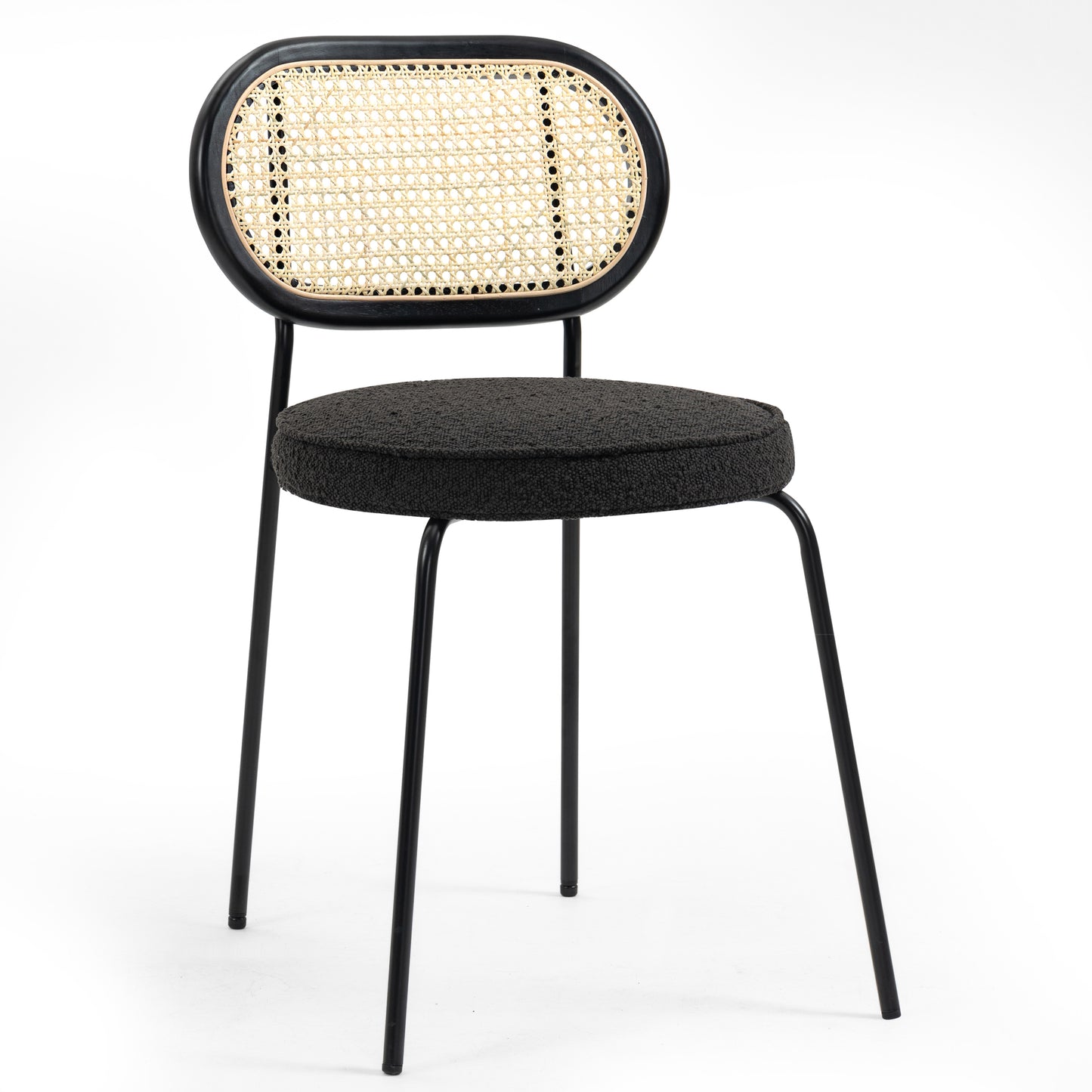 Set of 2 Azem Black Boucle Fabric Dining Chair with Rattan Backrest and Black Chrome Legs