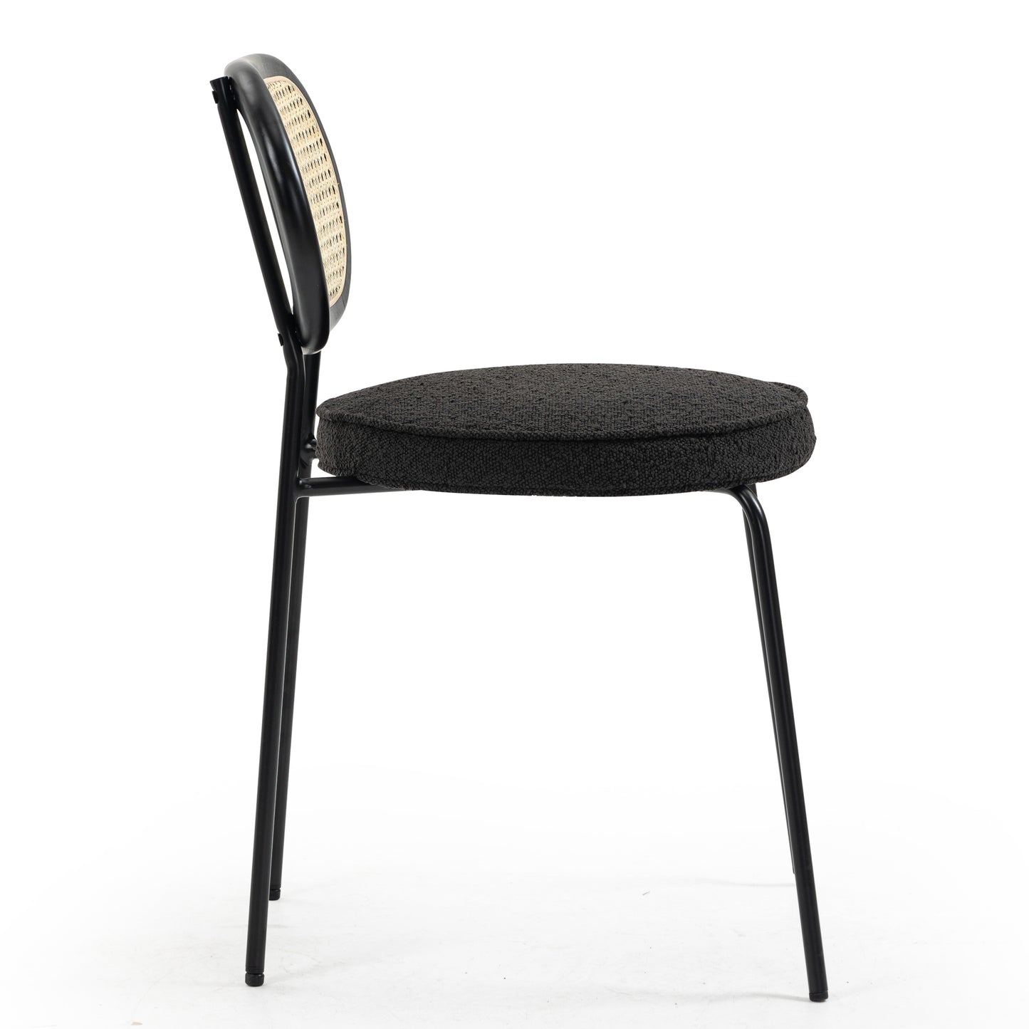 Set of 2 Azem Black Boucle Fabric Dining Chair with Rattan Backrest and Black Chrome Legs