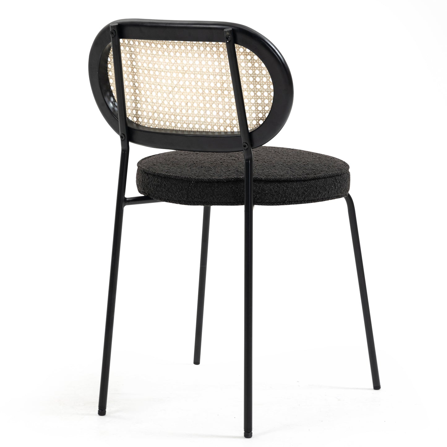 Set of 2 Azem Black Boucle Fabric Dining Chair with Rattan Backrest and Black Chrome Legs