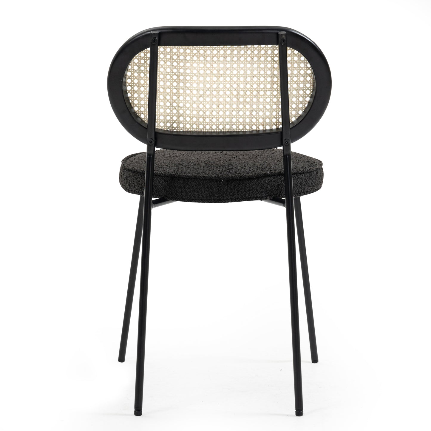 Set of 2 Azem Black Boucle Fabric Dining Chair with Rattan Backrest and Black Chrome Legs