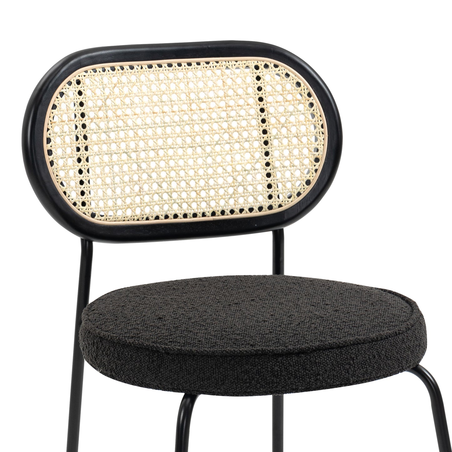 Set of 2 Azem Black Boucle Fabric Dining Chair with Rattan Backrest and Black Chrome Legs