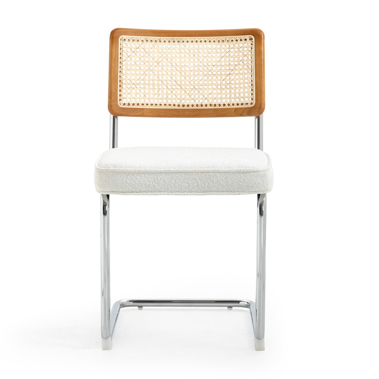 Set of 2 Aziel White Boucle Fabric Dining Chair with Rattan Backrest and Chrome Legs