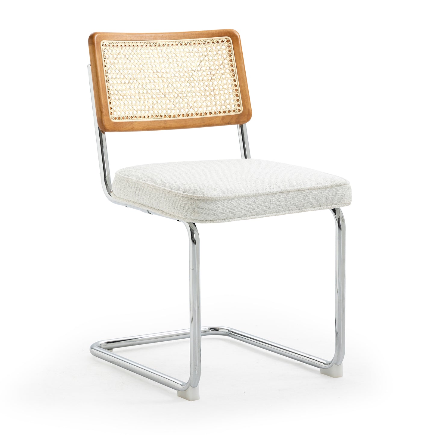 Set of 2 Aziel White Boucle Fabric Dining Chair with Rattan Backrest and Chrome Legs