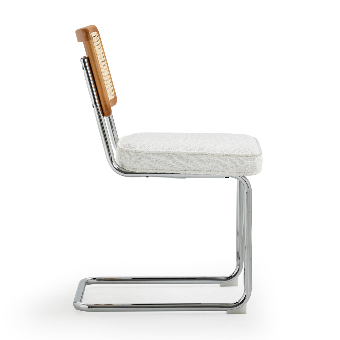 Set of 2 Aziel White Boucle Fabric Dining Chair with Rattan Backrest and Chrome Legs