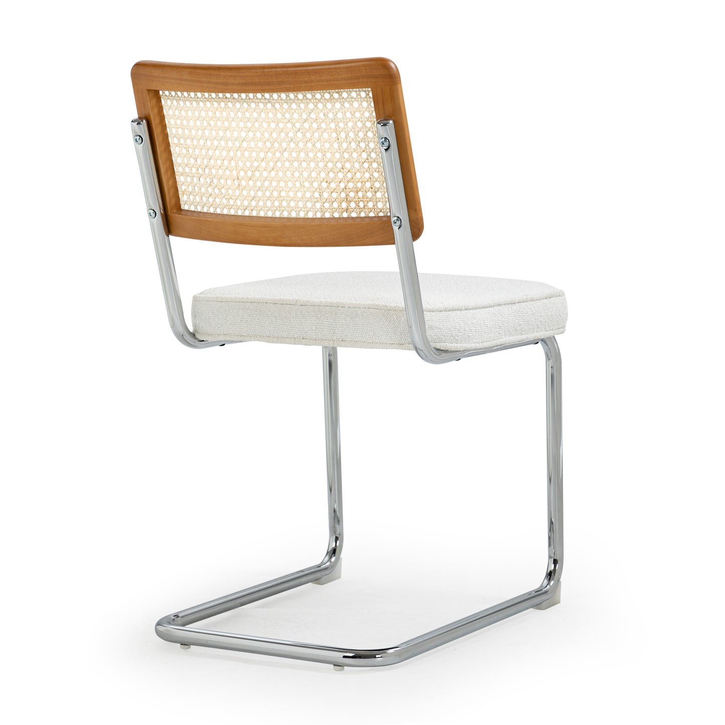 Set of 2 Aziel White Boucle Fabric Dining Chair with Rattan Backrest and Chrome Legs