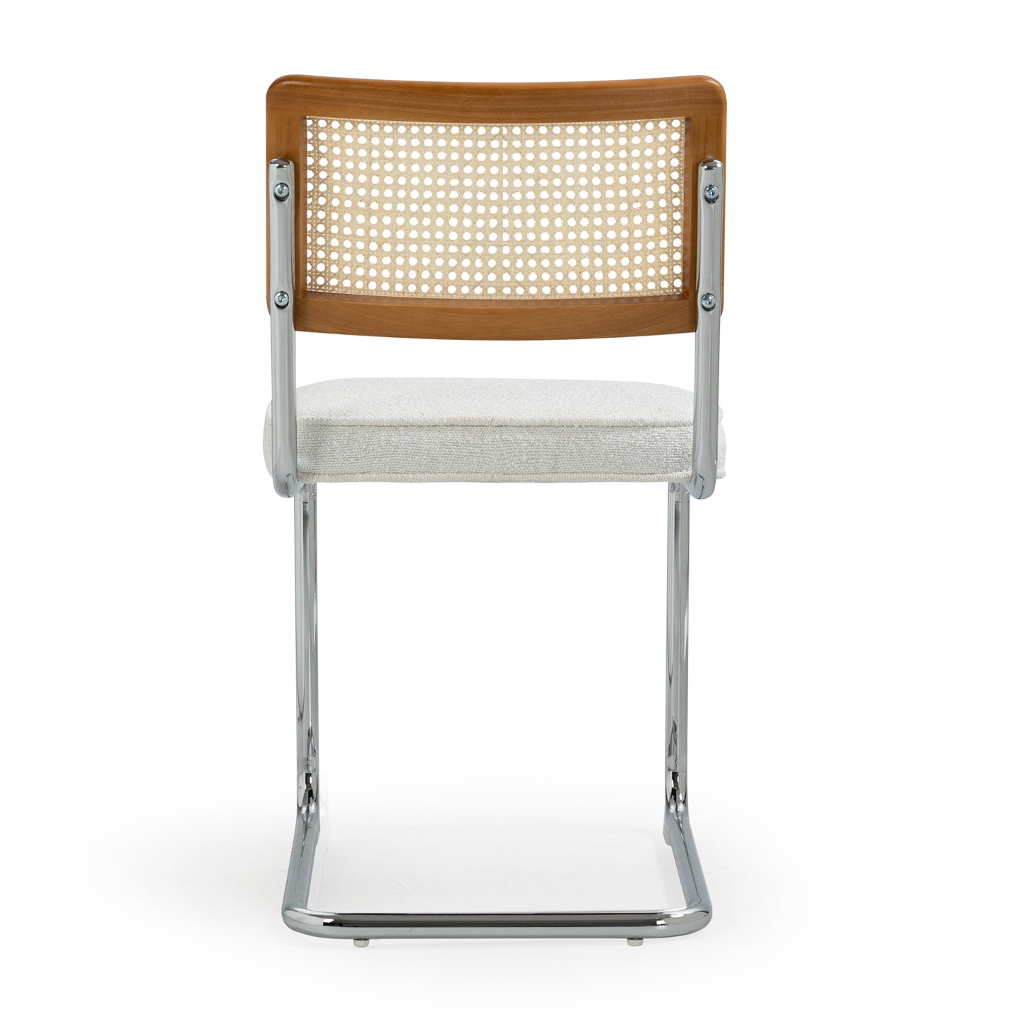 Set of 2 Aziel White Boucle Fabric Dining Chair with Rattan Backrest and Chrome Legs