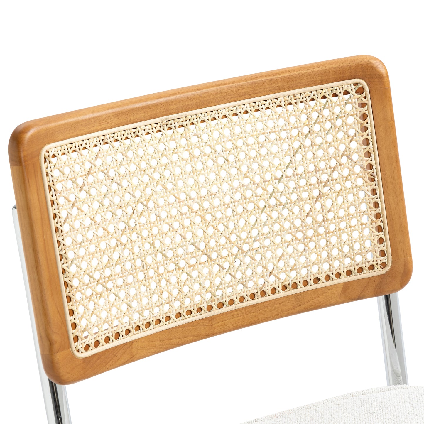 Set of 2 Aziel White Boucle Fabric Dining Chair with Rattan Backrest and Chrome Legs