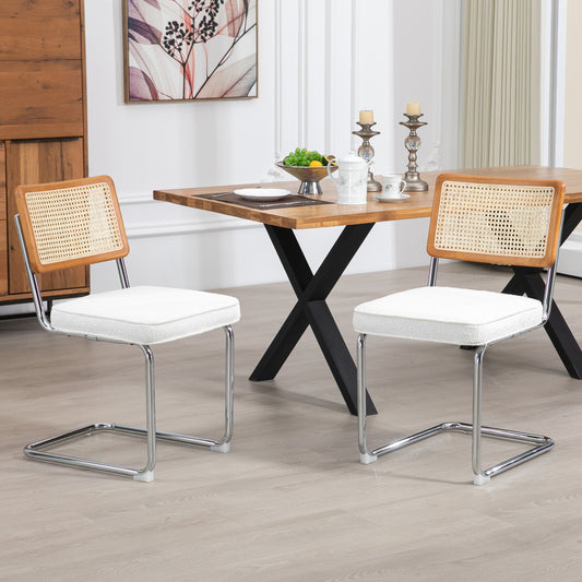 Set of 2 Aziel White Boucle Fabric Dining Chair with Rattan Backrest and Chrome Legs