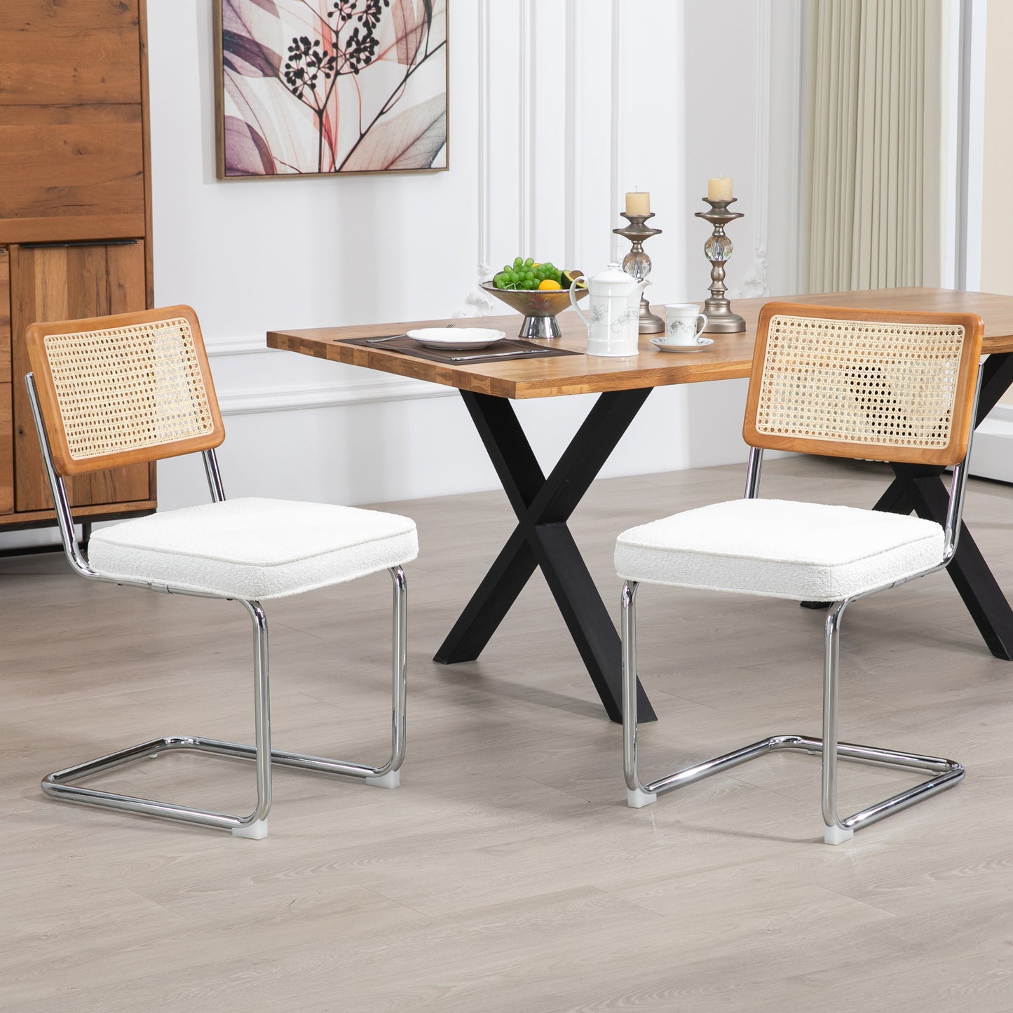 Set of 2 Aziel White Boucle Fabric Dining Chair with Rattan Backrest and Chrome Legs