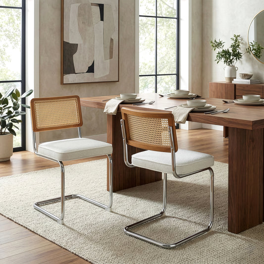 Set of 2 Aziel White Boucle Fabric Dining Chair with Rattan Backrest and Chrome Legs