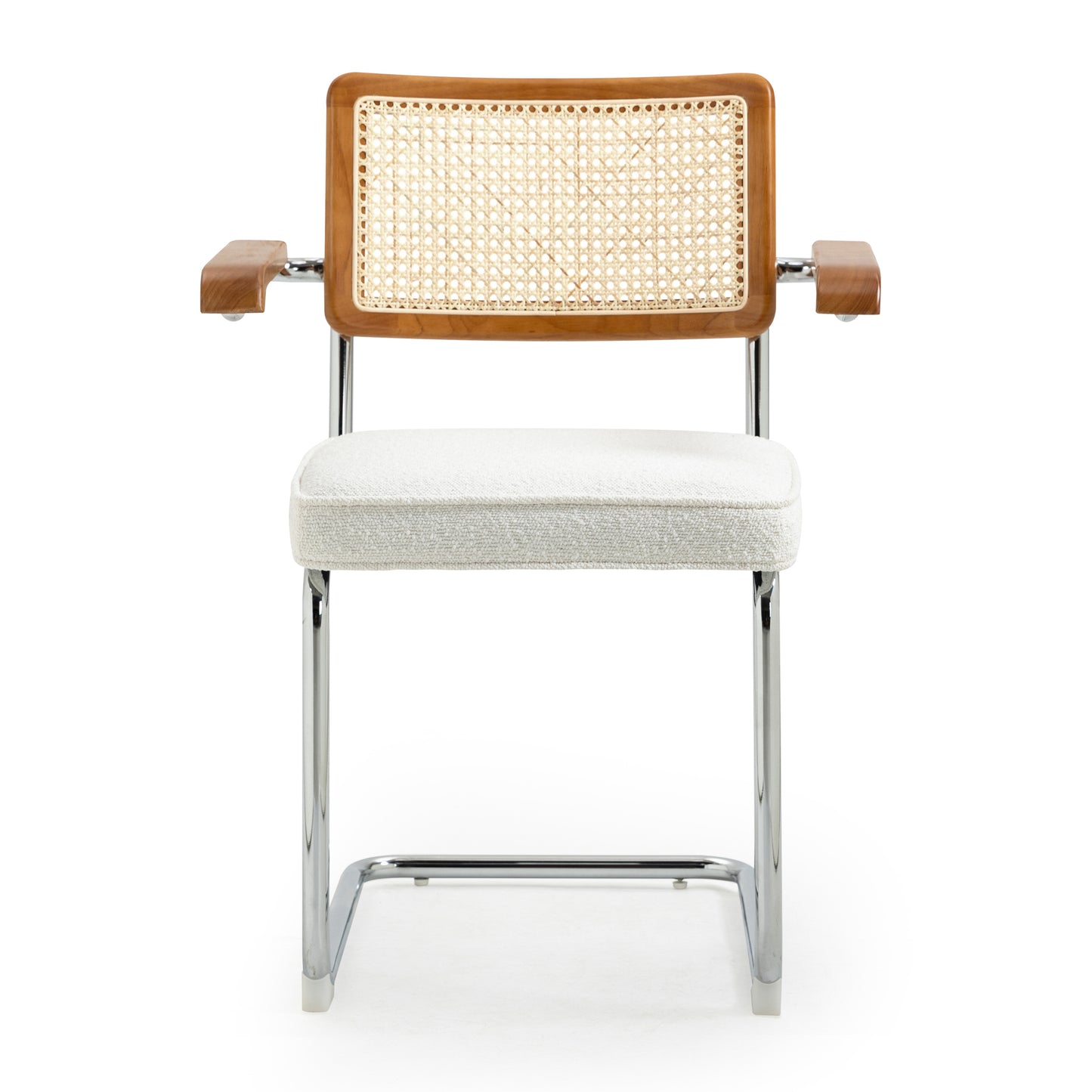 Set of 2 Azra White Boucle Fabric Dining Chair with Rattan Backrest and Chrome Legs