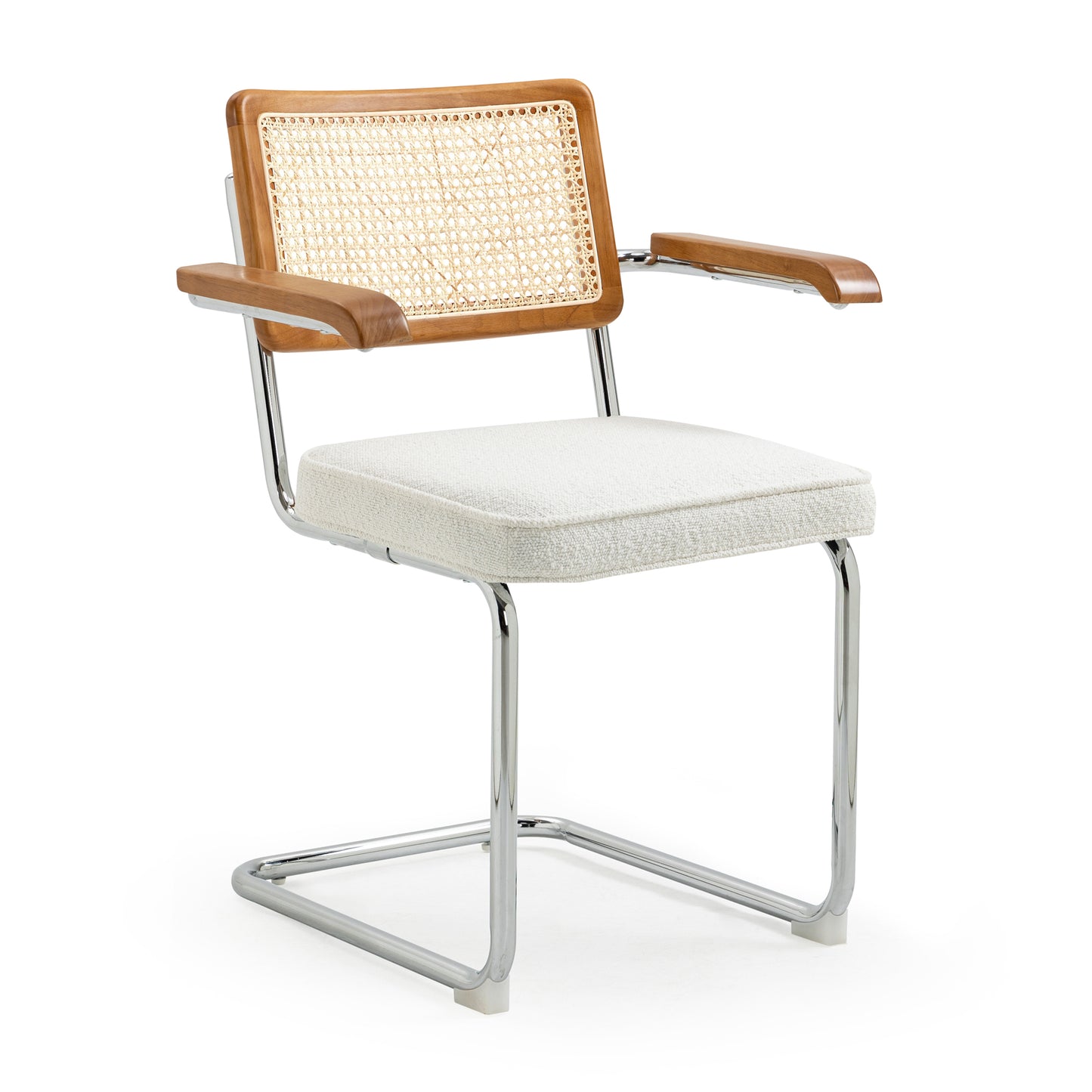 Set of 2 Azra White Boucle Fabric Dining Chair with Rattan Backrest and Chrome Legs