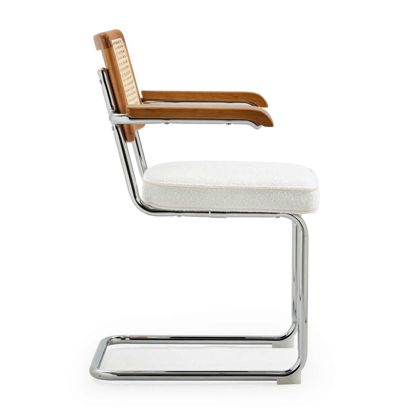 Set of 2 Azra White Boucle Fabric Dining Chair with Rattan Backrest and Chrome Legs