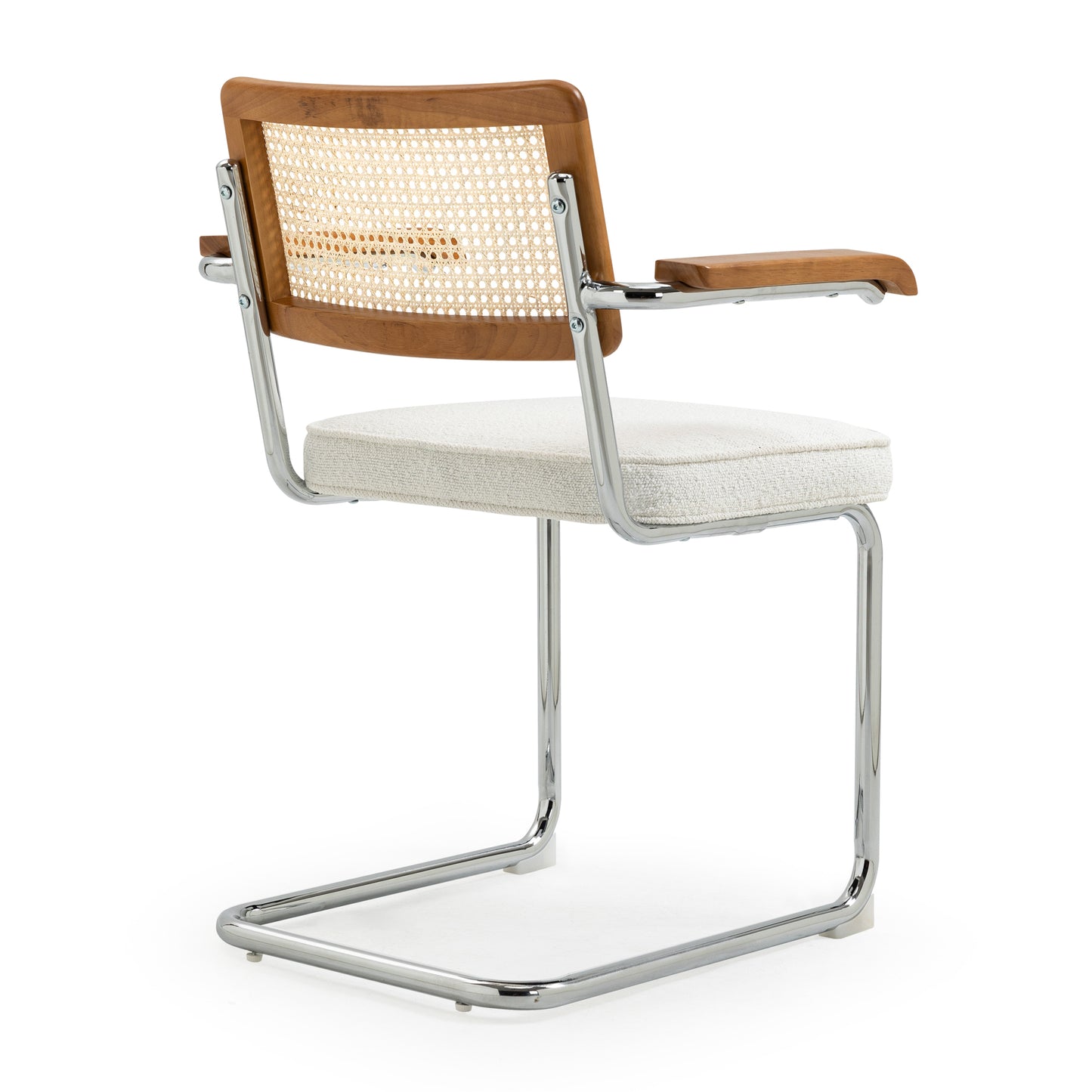 Set of 2 Azra White Boucle Fabric Dining Chair with Rattan Backrest and Chrome Legs