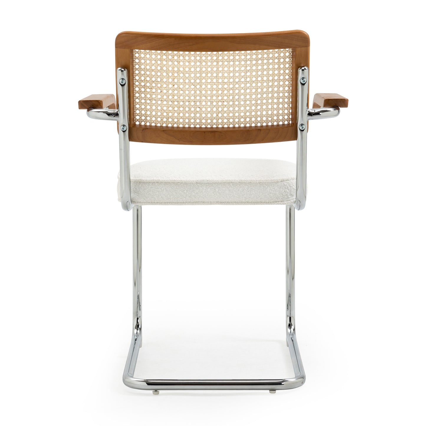 Set of 2 Azra White Boucle Fabric Dining Chair with Rattan Backrest and Chrome Legs