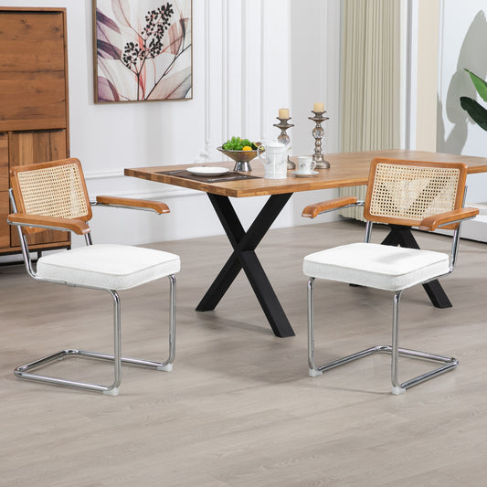 Set of 2 Azra White Boucle Fabric Dining Chair with Rattan Backrest and Chrome Legs
